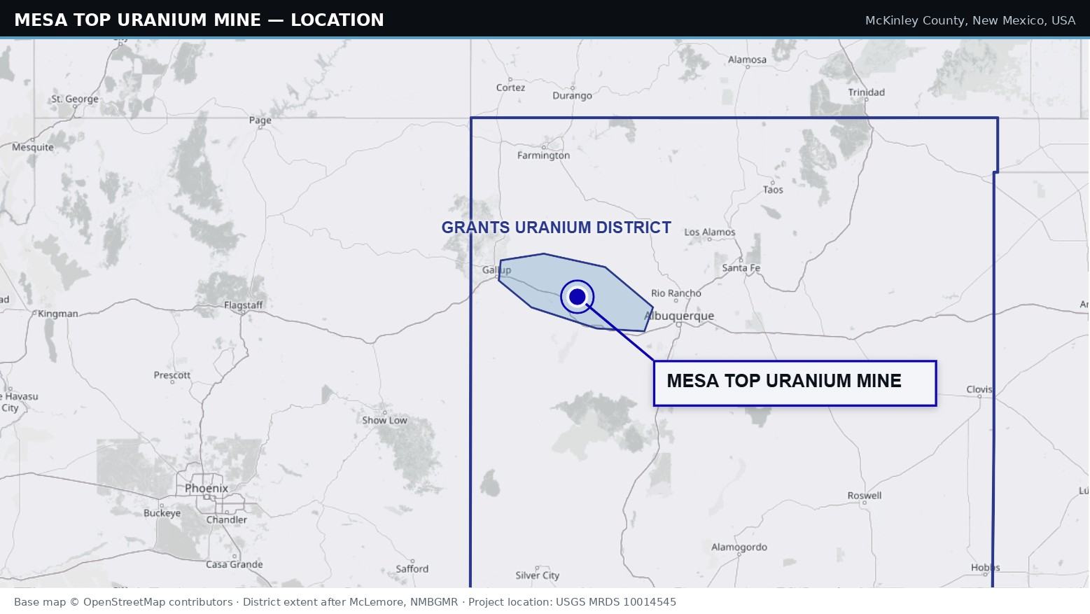 Location map: Mesa Top Uranium Mine within the Grants uranium district, New Mexico